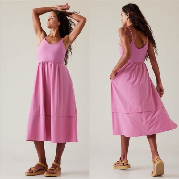 Athleta Dresses & Skirts - Athleta Pink Elation V Neck Hybrid Tiered Athletic Midi Dress Small